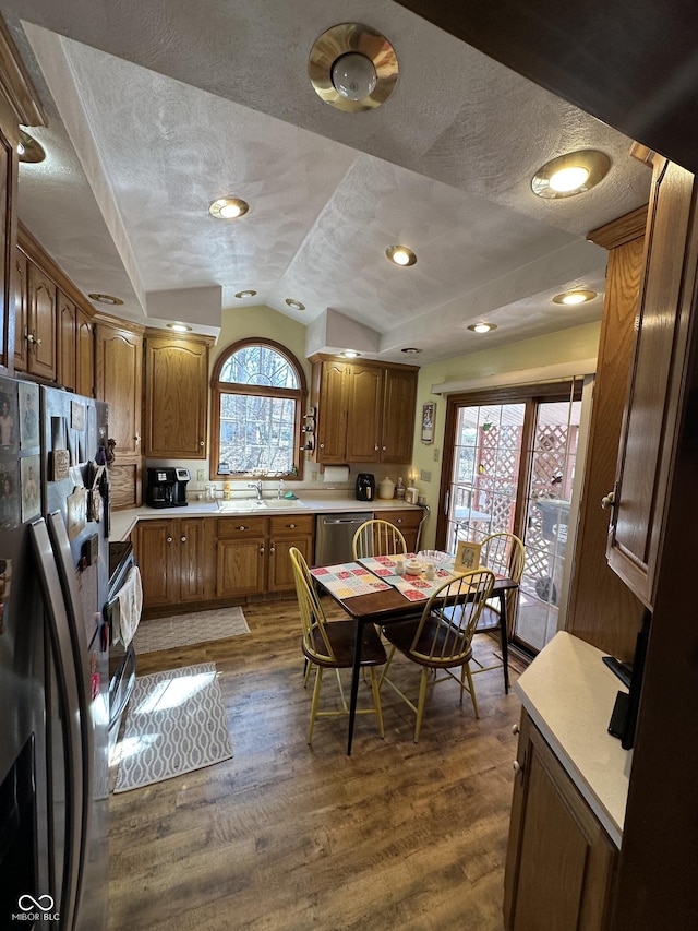 kitchen featuring appliances with stainless steel finishes, vaulted ceiling, dark wood-style flooring, and light countertops