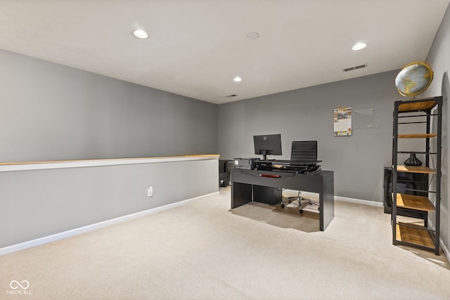 carpeted office featuring visible vents, recessed lighting, and baseboards