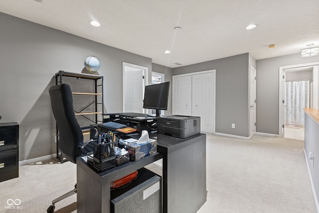 office area with recessed lighting, carpet, and baseboards