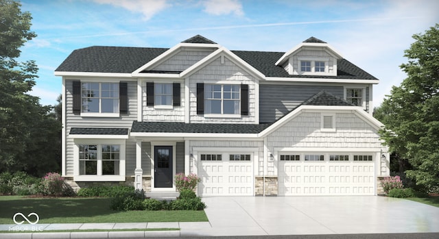 craftsman-style house featuring stone siding, a garage, concrete driveway, and roof with shingles