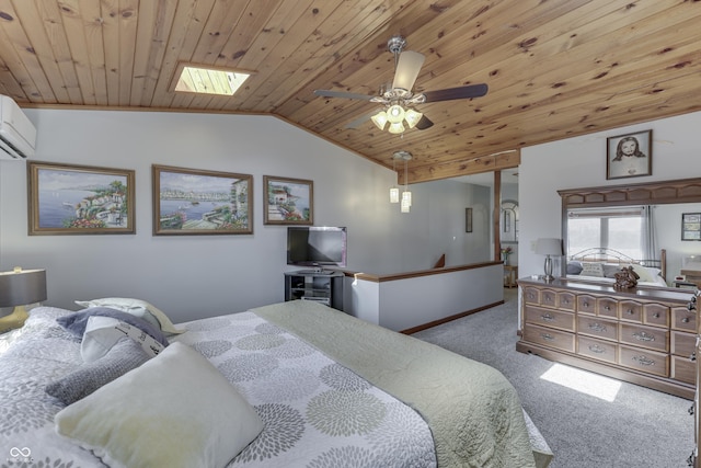 bedroom with lofted ceiling with skylight, a wall mounted AC, wooden ceiling, carpet flooring, and ceiling fan