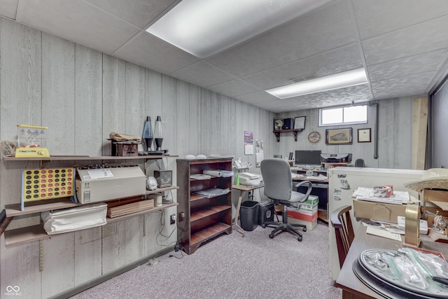 carpeted home office featuring a paneled ceiling and visible vents