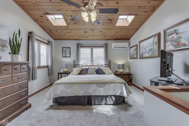 bedroom with light colored carpet, wood ceiling, a wall unit AC, and multiple windows