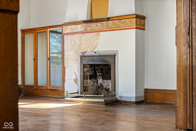 interior details featuring a fireplace with raised hearth and wood finished floors