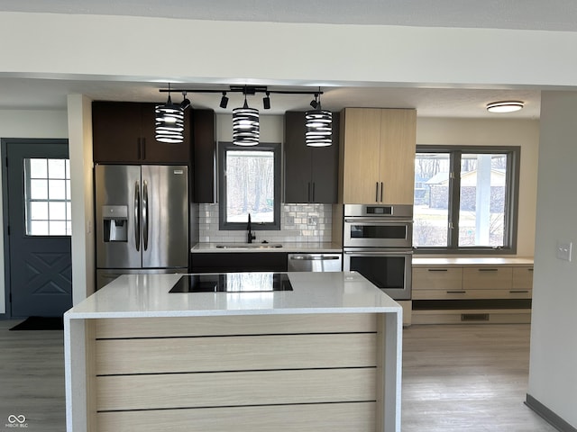 kitchen featuring light wood finished floors, a sink, stainless steel appliances, modern cabinets, and backsplash