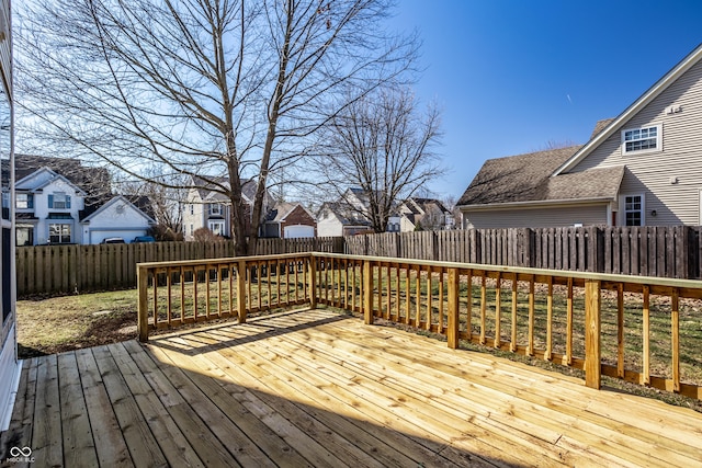 wooden terrace with a fenced backyard and a residential view