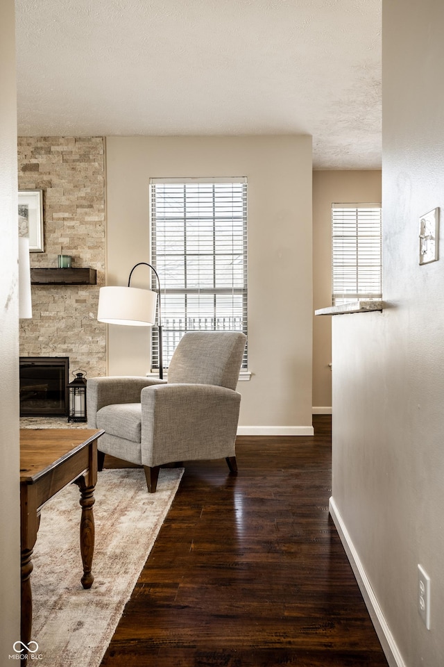 living room with a stone fireplace, a healthy amount of sunlight, baseboards, and wood finished floors