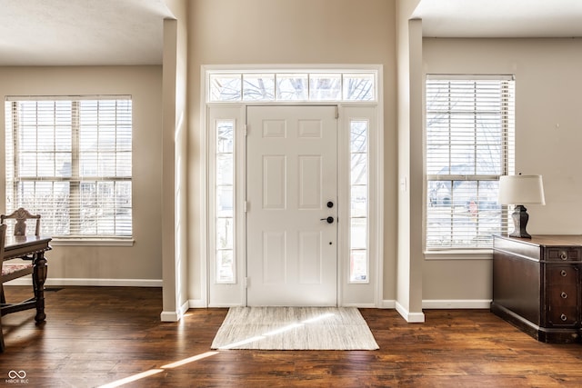 entrance foyer featuring baseboards and dark wood-type flooring