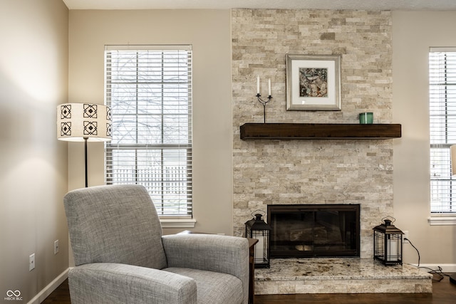 living area featuring baseboards, wood finished floors, and a fireplace