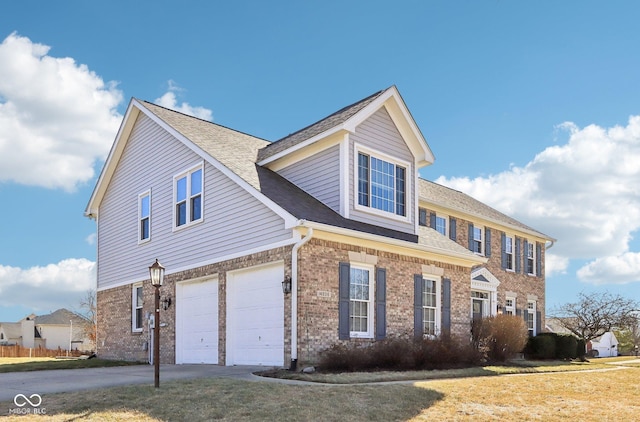 view of front of home with brick siding, an attached garage, driveway, and a shingled roof