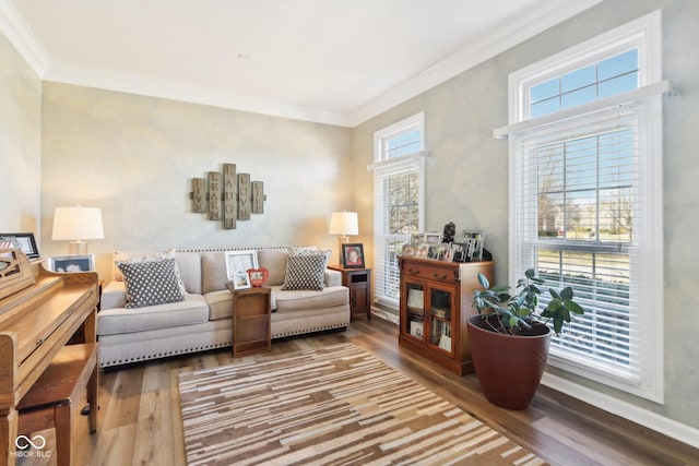 living area with ornamental molding and wood finished floors