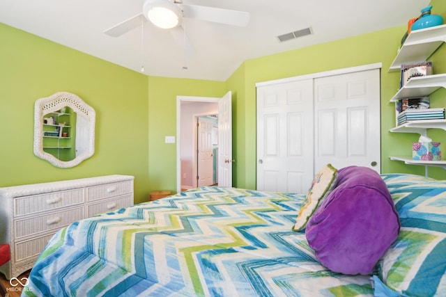 bedroom featuring visible vents, a closet, and ceiling fan