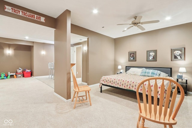 bedroom featuring carpet flooring, recessed lighting, and baseboards