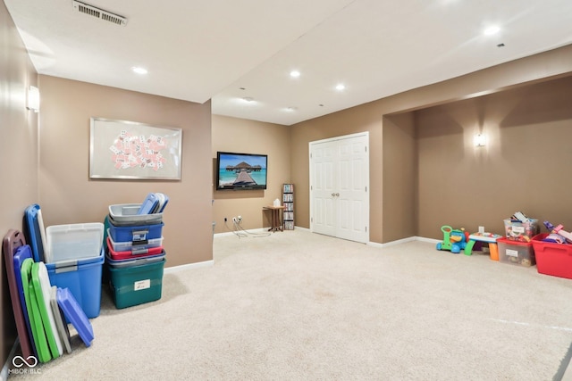 recreation room with recessed lighting, visible vents, baseboards, and carpet flooring