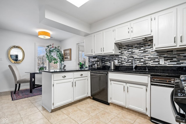 kitchen with decorative backsplash, a sink, white cabinetry, a peninsula, and dishwashing machine