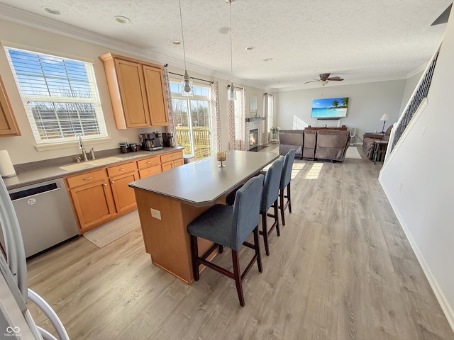 kitchen with stainless steel dishwasher, crown molding, a textured ceiling, and a sink