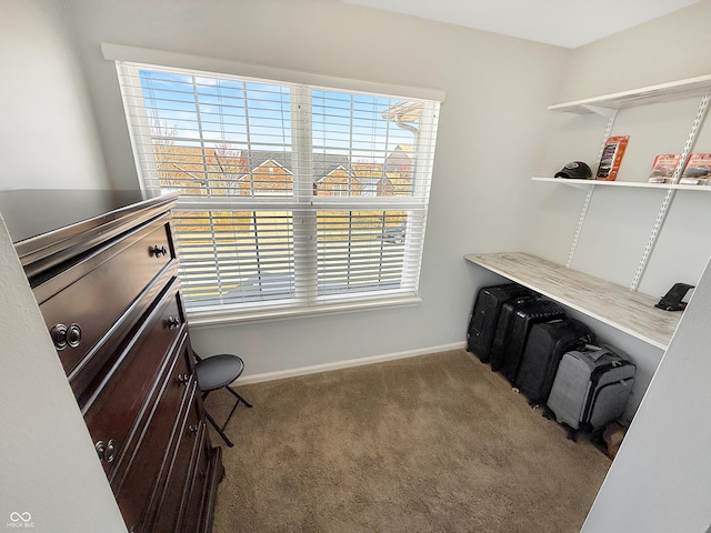 carpeted home office featuring baseboards