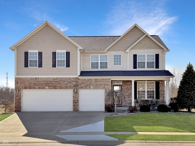 view of front facade with driveway, brick siding, a porch, and an attached garage