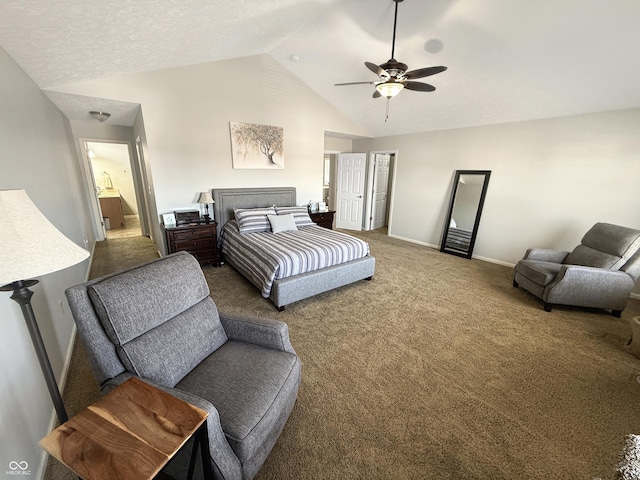 bedroom with ceiling fan, baseboards, vaulted ceiling, carpet flooring, and a textured ceiling