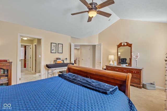 bedroom featuring baseboards, lofted ceiling, light colored carpet, and a ceiling fan