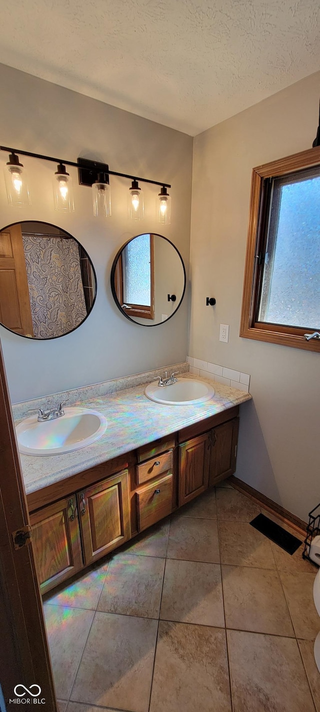 bathroom with double vanity, a healthy amount of sunlight, a textured ceiling, and a sink