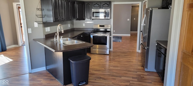 kitchen with dark countertops, a peninsula, wood finished floors, stainless steel appliances, and a sink