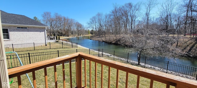 property view of water featuring fence