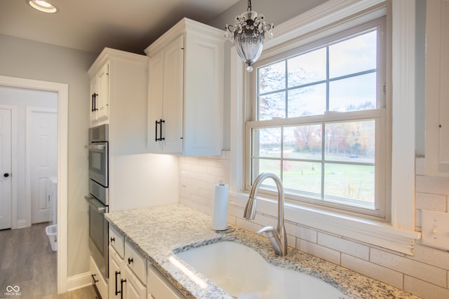 kitchen with tasteful backsplash, white cabinetry, a wealth of natural light, and a sink