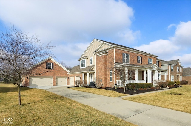 view of front facade with cooling unit, covered porch, concrete driveway, a front yard, and brick siding