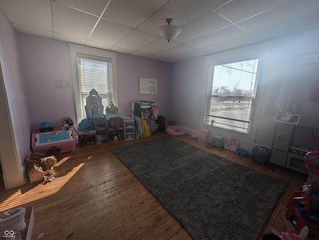 playroom featuring a healthy amount of sunlight, wood-type flooring, and a paneled ceiling