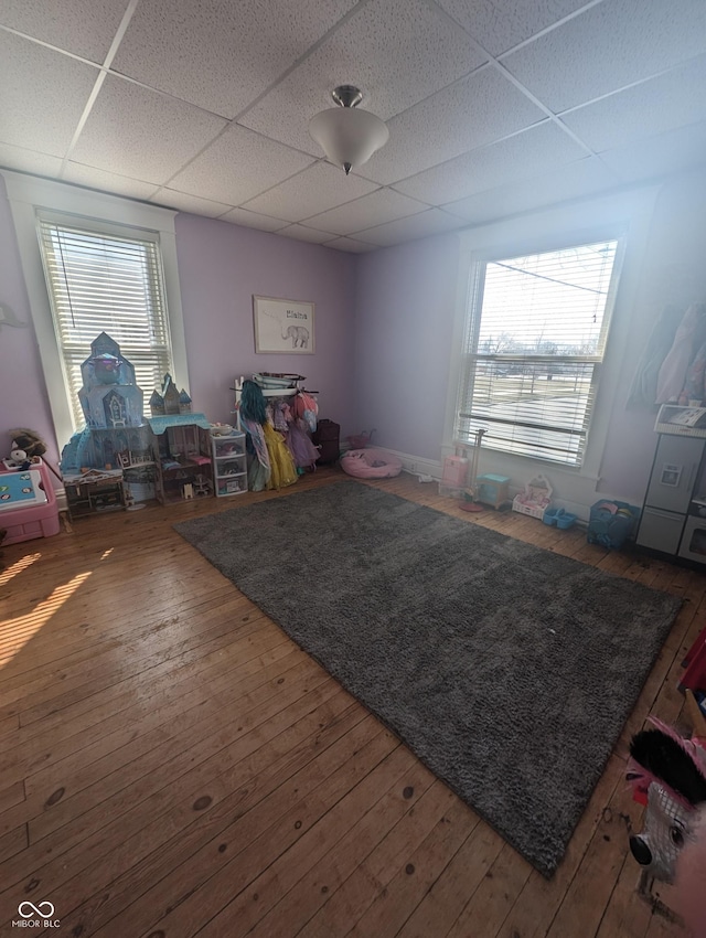 interior space with a wealth of natural light, a drop ceiling, and wood-type flooring