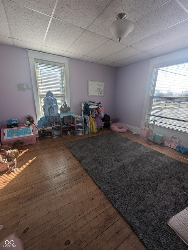 rec room featuring plenty of natural light, a paneled ceiling, and wood-type flooring