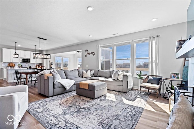 living room with light wood-type flooring, plenty of natural light, a textured ceiling, and baseboards