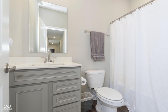 bathroom featuring vanity, curtained shower, and toilet