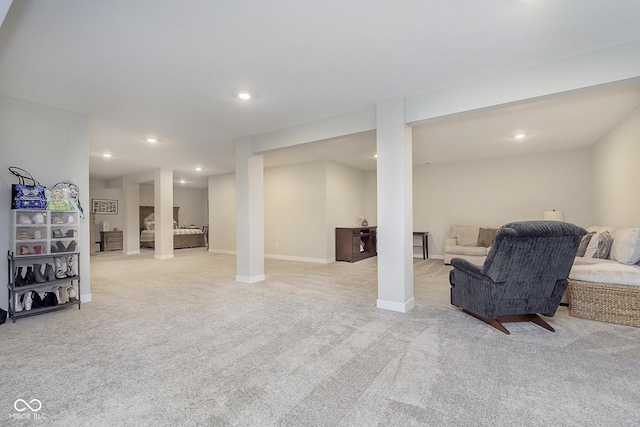 finished basement with recessed lighting, baseboards, and carpet