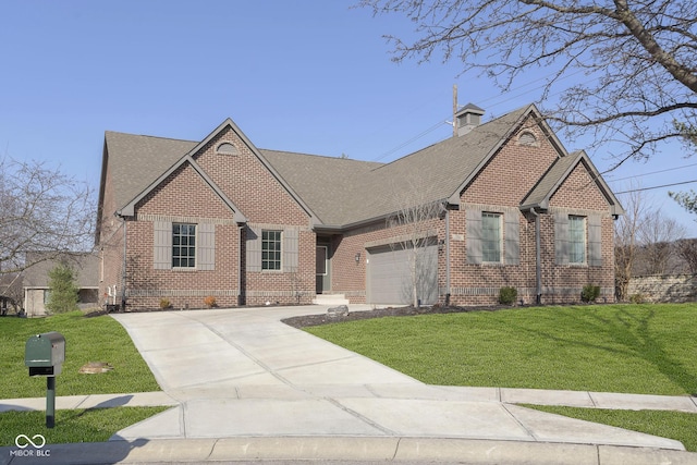 view of front of property with concrete driveway, an attached garage, brick siding, and a front yard