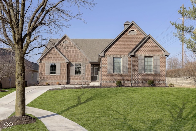 view of front of house featuring roof with shingles, a chimney, a front lawn, concrete driveway, and brick siding