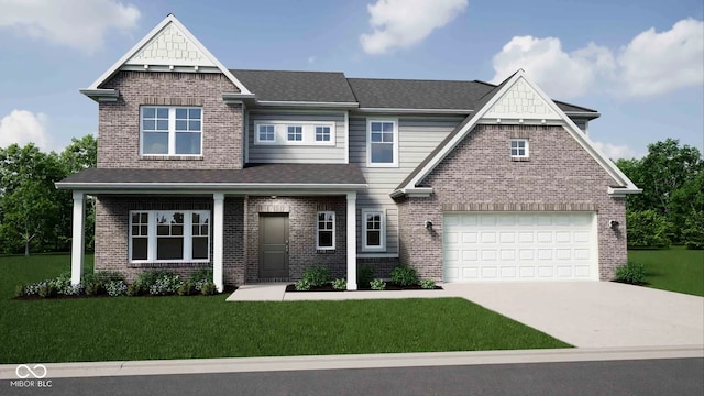 craftsman-style home featuring brick siding, concrete driveway, a front yard, and roof with shingles