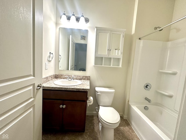 bathroom with tub / shower combination, baseboards, toilet, and vanity