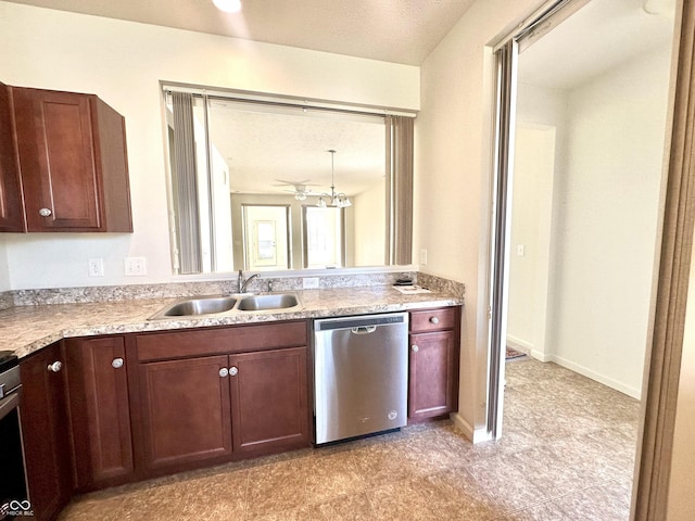 kitchen with a sink, baseboards, stainless steel dishwasher, and light countertops