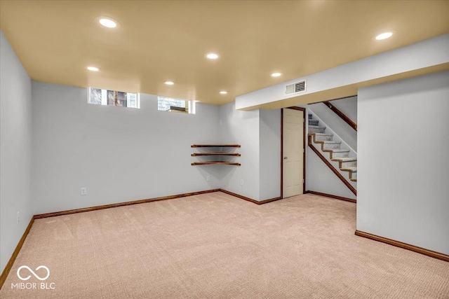 140 E 44th St, Indianapolis, IN 46205 - basement with stairway, visible vents, baseboards, recessed lighting, and light carpet