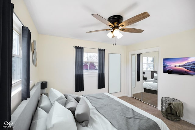 bedroom with a closet, multiple windows, carpet floors, and a ceiling fan