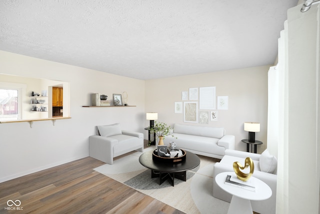 living area featuring baseboards, a textured ceiling, and wood finished floors