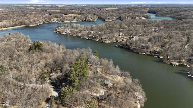 aerial view featuring a forest view and a water view