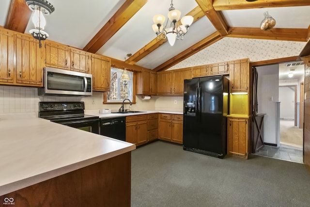 kitchen with tasteful backsplash, lofted ceiling with beams, light countertops, black appliances, and a sink