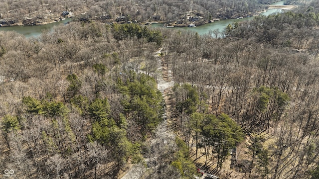 birds eye view of property featuring a wooded view and a water view