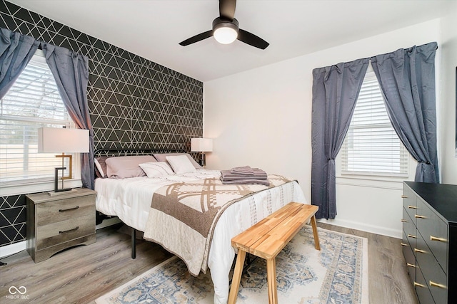 bedroom with multiple windows, an accent wall, ceiling fan, and wood finished floors