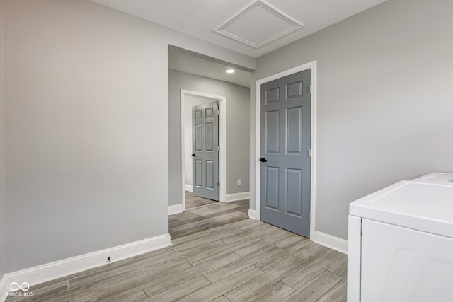301 Villa Ave, Indianapolis, IN 46201 - laundry area with light wood finished floors, baseboards, attic access, laundry area, and separate washer and dryer