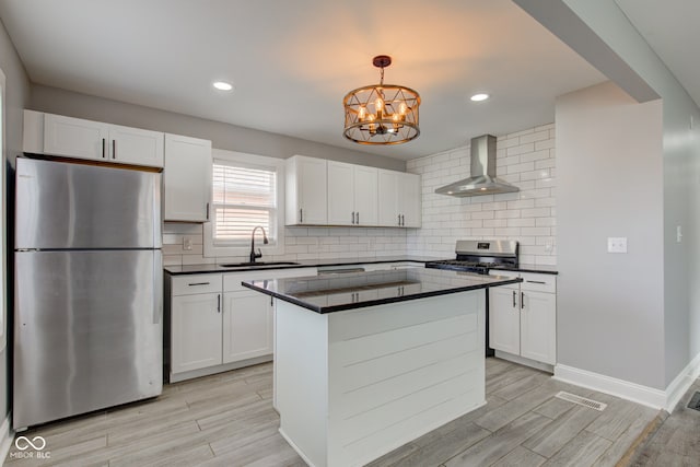301 Villa Ave, Indianapolis, IN 46201 - kitchen featuring a sink, appliances with stainless steel finishes, white cabinetry, dark countertops, and wall chimney exhaust hood
