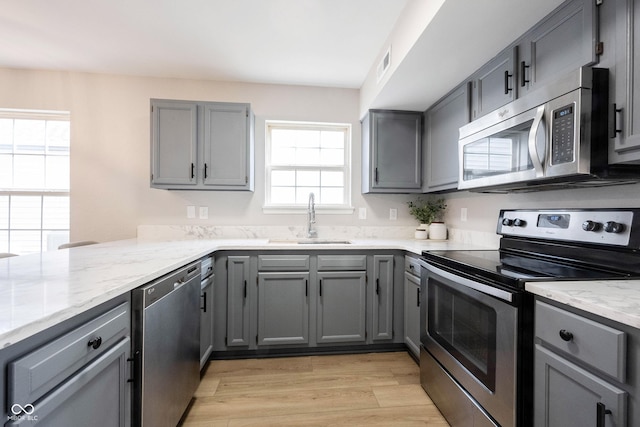 kitchen with visible vents, gray cabinets, light wood-style floors, stainless steel appliances, and a sink